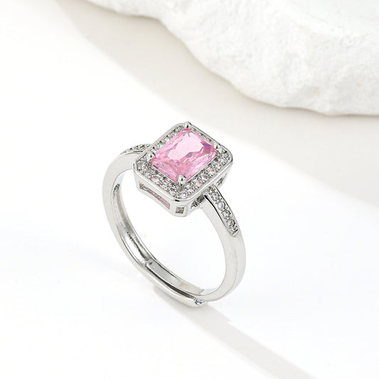 MY2071 White Gold Plated Adjustable Copper Ring  Adorned with Pink Zircon