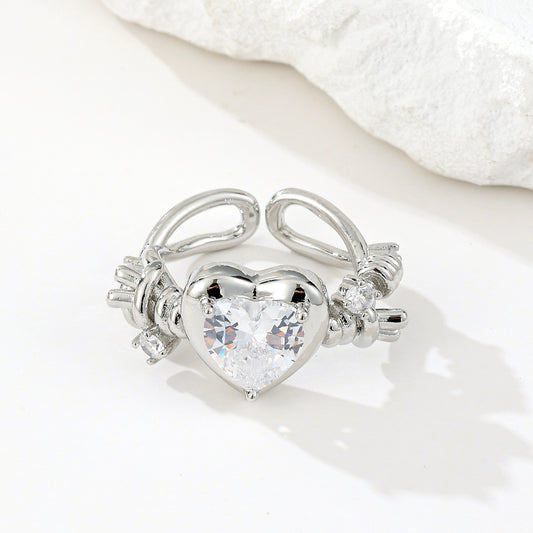 MY2073 White Gold Plated Openable Copper Ring with Heart-Shaped Design Adorned with White Zircon