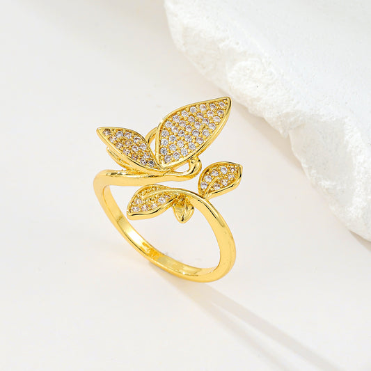 MY2074 24K Gold-Plated Openable Copper Ring with Butterfly-Shaped Design Adorned with White Zircon