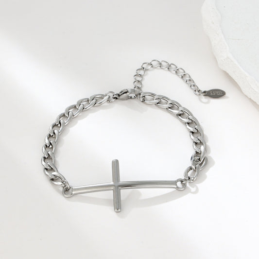 MY2107 Stainless Steel Adjustable Cuban Bracelet with Cross Charm