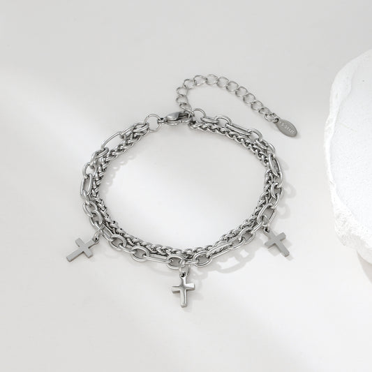 MY2126 Stainless Steel Adjustable AB Chain Bracelet with Cross Charms