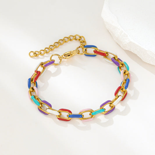 MY2128 Stainless Steel Adjustable Colored Cross-Link Chain Bracelet Plated with Real Gold