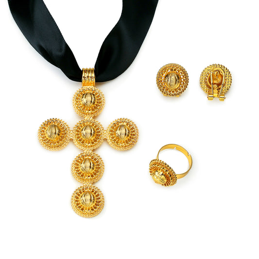 Ethiopian Traditional Cross Jewelry Set Necklace and Earrings Ethiopia Gold Eritrea Sets for Womens Habesha Wedding Party Gift
