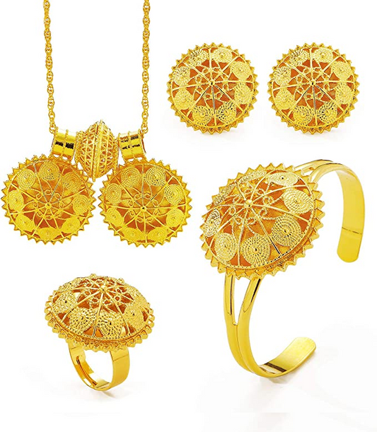 4Pcs 18K Gold Plated Ethiopian Jewelry Sets Necklace Eritrean/Habesha Bride Wedding Gifts