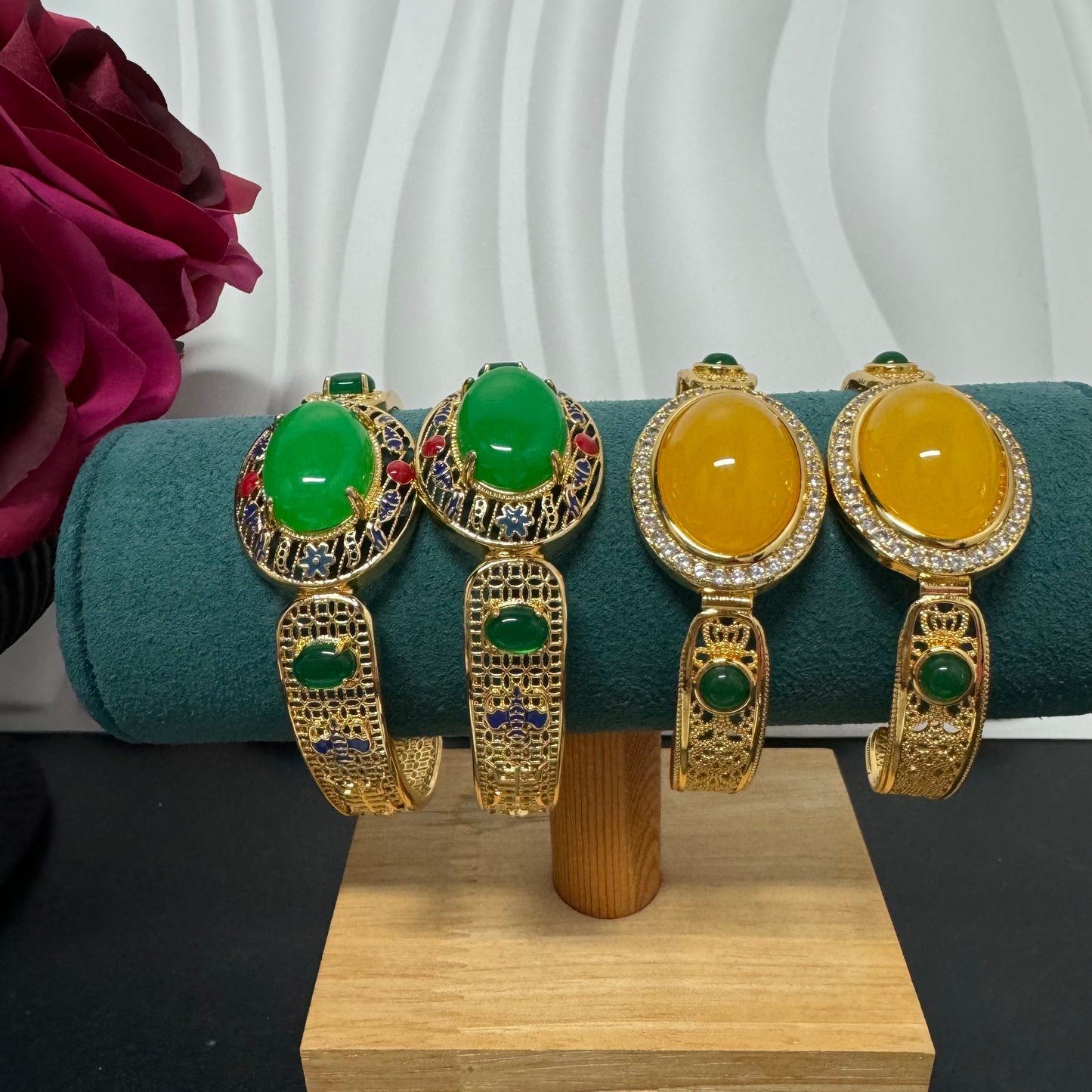 2pcs/pack Ethlyn Openable Artificial Gemstone 24KGP Copper Bangles Wholesale