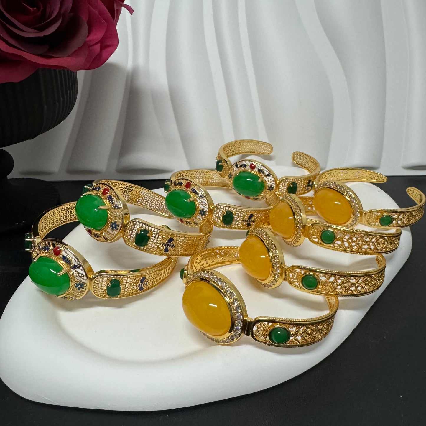 2pcs/pack Ethlyn Openable Artificial Gemstone 24KGP Copper Bangles Wholesale